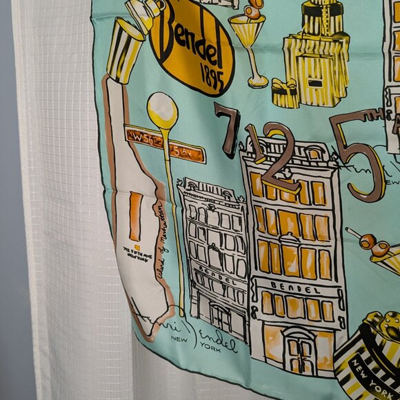 Henri Bendel 100% Silk Scarf, NYC motif, 34"X34"  Aqua Background - Picture 4 of 7